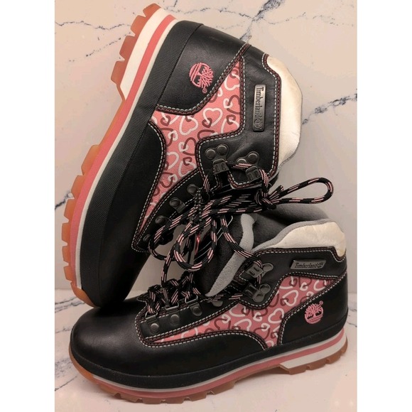 Timberland Black/Pink Hearts High Waterproof Leather Boots Womens Size 9.5M Rare - Picture 1 of 9